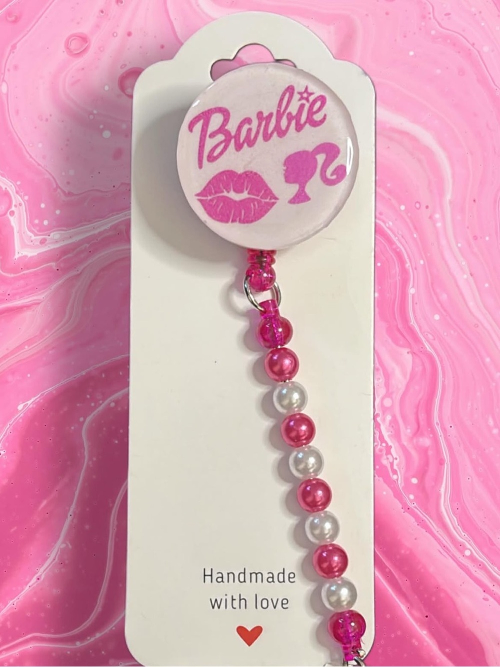 Barbie Pink and White Beaded Badge Reel